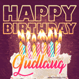 A colorful birthday cake topped with lit candles, with the words 'Happy Birthday Gudlaug' in bold glowing letters on a burgundy background. Animated flames add a festive touch.