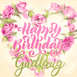 A stunning heart made of pink roses surrounds the elegant script text 'Happy Birthday Gudlaug' on a soft beige background. Animated sparkles add a magical and festive feel.