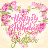 A stunning heart made of pink roses surrounds the elegant script text 'Happy Birthday Gudrun' on a soft beige background. Animated sparkles add a magical and festive feel.
