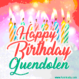 Bright birthday candles with rainbow flames on a cake, alongside the text 'Happy Birthday Guendolen' in vibrant script in this celebratory animated GIF.