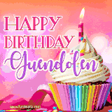 A vibrant birthday GIF featuring a rainbow-colored cupcake topped with white frosting, sprinkles, and a lit candle. The text reads 'Happy Birthday Guendolen' in bold pink and violet letters with white outline.