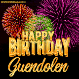 A golden 'Happy Birthday Guendolen' message with vibrant fireworks in the background, creating a festive and celebratory vibe in this animated name GIF.
