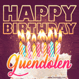 A colorful birthday cake topped with lit candles, with the words 'Happy Birthday Guendolen' in bold glowing letters on a burgundy background. Animated flames add a festive touch.