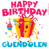 A vibrant and funny gift box character with a happy face dancing with a cupcake and the text 'Happy Birthday Guendolen,' surrounded by animated confetti and party vibes.