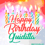 Bright birthday candles with rainbow flames on a cake, alongside the text 'Happy Birthday Guiditta' in vibrant script in this celebratory animated GIF.