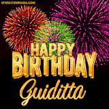 A golden 'Happy Birthday Guiditta' message with vibrant fireworks in the background, creating a festive and celebratory vibe in this animated name GIF.