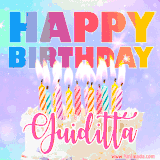 A vibrant animated name GIF with the words 'Happy Birthday Guiditta' with colorful candles on a creamy cake. The background sparkles with pastel shades, adding a festive touch.