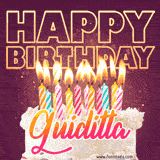 A colorful birthday cake topped with lit candles, with the words 'Happy Birthday Guiditta' in bold glowing letters on a burgundy background. Animated flames add a festive touch.
