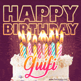 A colorful birthday cake topped with lit candles, with the words 'Happy Birthday Guifi' in bold glowing letters on a burgundy background. Animated flames add a festive touch.