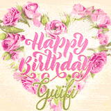 A stunning heart made of pink roses surrounds the elegant script text 'Happy Birthday Guifi' on a soft beige background. Animated sparkles add a magical and festive feel.