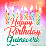 Bright birthday candles with rainbow flames on a cake, alongside the text 'Happy Birthday Guinevere' in vibrant script in this celebratory animated GIF.