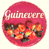 Beautifully decorated red velvet berry birthday cake with vibrant fruits and a glowing 'Guinevere' name, adding a touch of sweetness and sparkle.