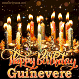 A glowing personalized birthday GIF with name Guinevere featuring lit candles with intricate designs, warm lighting, and the text 'Happy Birthday' in an elegant font.