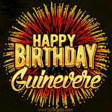 Golden 'Happy Birthday Guinevere' text accompanied by animated rainbow fireworks for a festive animated greeting.