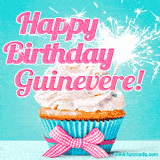 A festive cupcake with pink icing, a gingham bow, and a lit animated sparkler, paired with 'Happy Birthday Guinevere!' in bright pink text.