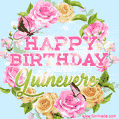 A charming animated GIF featuring 'Happy Birthday Guinevere' in pink and green text, surrounded by delicate roses, leaves, and fluttering butterflies on a soft light blue pastel background.