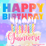 A vibrant animated name GIF with the words 'Happy Birthday Guinevere' with colorful candles on a creamy cake. The background sparkles with pastel shades, adding a festive touch.