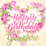 A stunning heart made of pink roses surrounds the elegant script text 'Happy Birthday Guinevere' on a soft beige background. Animated sparkles add a magical and festive feel.