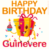 A vibrant and funny gift box character with a happy face dancing with a cupcake and the text 'Happy Birthday Guinevere,' surrounded by animated confetti and party vibes.