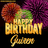 A golden 'Happy Birthday Guiren' message with vibrant fireworks in the background, creating a festive and celebratory vibe in this animated name GIF.