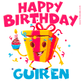 A vibrant and funny gift box character with a happy face dancing with a cupcake and the text 'Happy Birthday Guiren,' surrounded by animated confetti and party vibes.