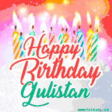 Bright birthday candles with rainbow flames on a cake, alongside the text 'Happy Birthday Gulistan' in vibrant script in this celebratory animated GIF.