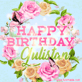 A charming animated GIF featuring 'Happy Birthday Gulistan' in pink and green text, surrounded by delicate roses, leaves, and fluttering butterflies on a soft light blue pastel background.