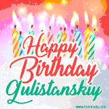 Bright birthday candles with rainbow flames on a cake, alongside the text 'Happy Birthday Gulistanskiy' in vibrant script in this celebratory animated GIF.