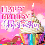 A vibrant birthday GIF featuring a rainbow-colored cupcake topped with white frosting, sprinkles, and a lit candle. The text reads 'Happy Birthday Gulistanskiy' in bold pink and violet letters with white outline.