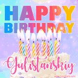 A vibrant animated name GIF with the words 'Happy Birthday Gulistanskiy' with colorful candles on a creamy cake. The background sparkles with pastel shades, adding a festive touch.