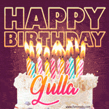 A colorful birthday cake topped with lit candles, with the words 'Happy Birthday Gulla' in bold glowing letters on a burgundy background. Animated flames add a festive touch.