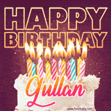 A colorful birthday cake topped with lit candles, with the words 'Happy Birthday Gullan' in bold glowing letters on a burgundy background. Animated flames add a festive touch.