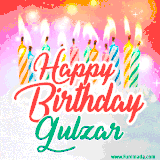 Bright birthday candles with rainbow flames on a cake, alongside the text 'Happy Birthday Gulzar' in vibrant script in this celebratory animated GIF.