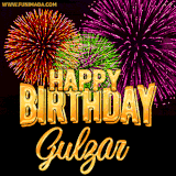 A golden 'Happy Birthday Gulzar' message with vibrant fireworks in the background, creating a festive and celebratory vibe in this animated name GIF.