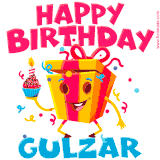 A vibrant and funny gift box character with a happy face dancing with a cupcake and the text 'Happy Birthday Gulzar,' surrounded by animated confetti and party vibes.
