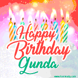 Bright birthday candles with rainbow flames on a cake, alongside the text 'Happy Birthday Gunda' in vibrant script in this celebratory animated GIF.