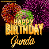 A golden 'Happy Birthday Gunda' message with vibrant fireworks in the background, creating a festive and celebratory vibe in this animated name GIF.