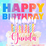 A vibrant animated name GIF with the words 'Happy Birthday Gunda' with colorful candles on a creamy cake. The background sparkles with pastel shades, adding a festive touch.