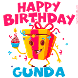 A vibrant and funny gift box character with a happy face dancing with a cupcake and the text 'Happy Birthday Gunda,' surrounded by animated confetti and party vibes.