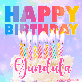 A vibrant animated name GIF with the words 'Happy Birthday Gundula' with colorful candles on a creamy cake. The background sparkles with pastel shades, adding a festive touch.