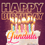 A colorful birthday cake topped with lit candles, with the words 'Happy Birthday Gundula' in bold glowing letters on a burgundy background. Animated flames add a festive touch.