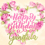 A stunning heart made of pink roses surrounds the elegant script text 'Happy Birthday Gundula' on a soft beige background. Animated sparkles add a magical and festive feel.