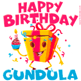 A vibrant and funny gift box character with a happy face dancing with a cupcake and the text 'Happy Birthday Gundula,' surrounded by animated confetti and party vibes.
