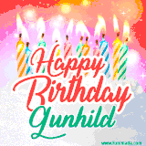 Bright birthday candles with rainbow flames on a cake, alongside the text 'Happy Birthday Gunhild' in vibrant script in this celebratory animated GIF.
