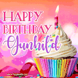 A vibrant birthday GIF featuring a rainbow-colored cupcake topped with white frosting, sprinkles, and a lit candle. The text reads 'Happy Birthday Gunhild' in bold pink and violet letters with white outline.