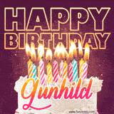 A colorful birthday cake topped with lit candles, with the words 'Happy Birthday Gunhild' in bold glowing letters on a burgundy background. Animated flames add a festive touch.