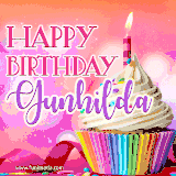 A vibrant birthday GIF featuring a rainbow-colored cupcake topped with white frosting, sprinkles, and a lit candle. The text reads 'Happy Birthday Gunhilda' in bold pink and violet letters with white outline.