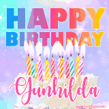 A vibrant animated name GIF with the words 'Happy Birthday Gunhilda' with colorful candles on a creamy cake. The background sparkles with pastel shades, adding a festive touch.