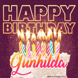 A colorful birthday cake topped with lit candles, with the words 'Happy Birthday Gunhilda' in bold glowing letters on a burgundy background. Animated flames add a festive touch.
