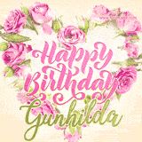 A stunning heart made of pink roses surrounds the elegant script text 'Happy Birthday Gunhilda' on a soft beige background. Animated sparkles add a magical and festive feel.